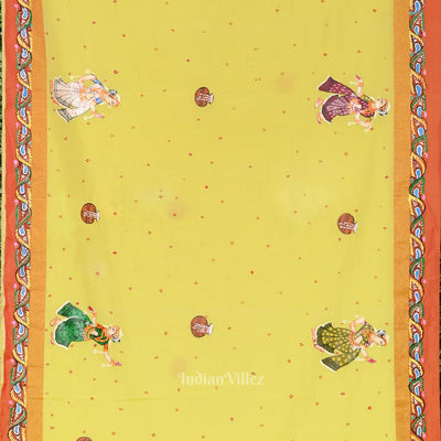 Lemon Yellow Red Radha Krishna Raasleela Hand-Painted Pattachitra Saree