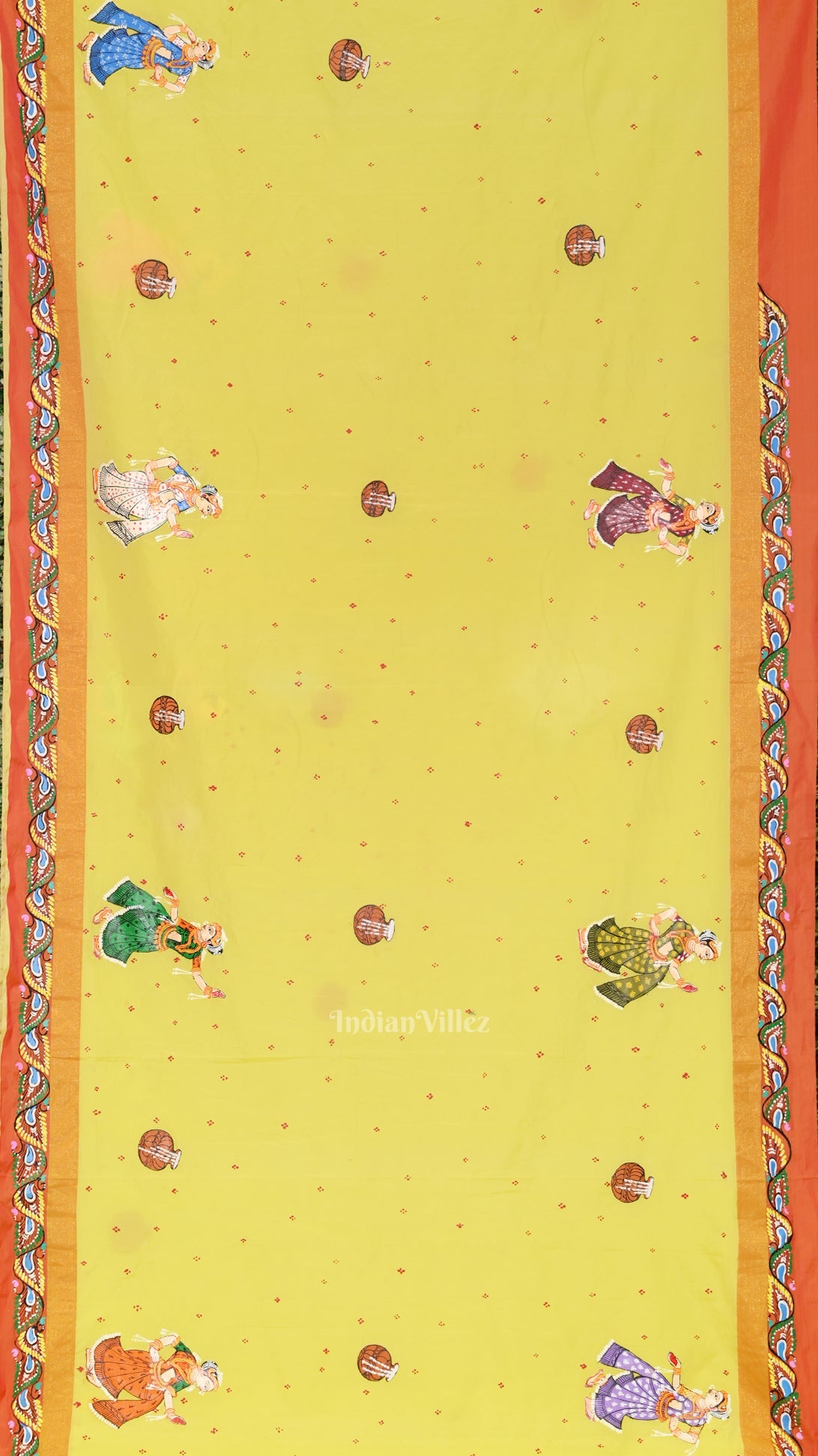 Lemon Yellow Red Radha Krishna Raasleela Hand-Painted Pattachitra Saree