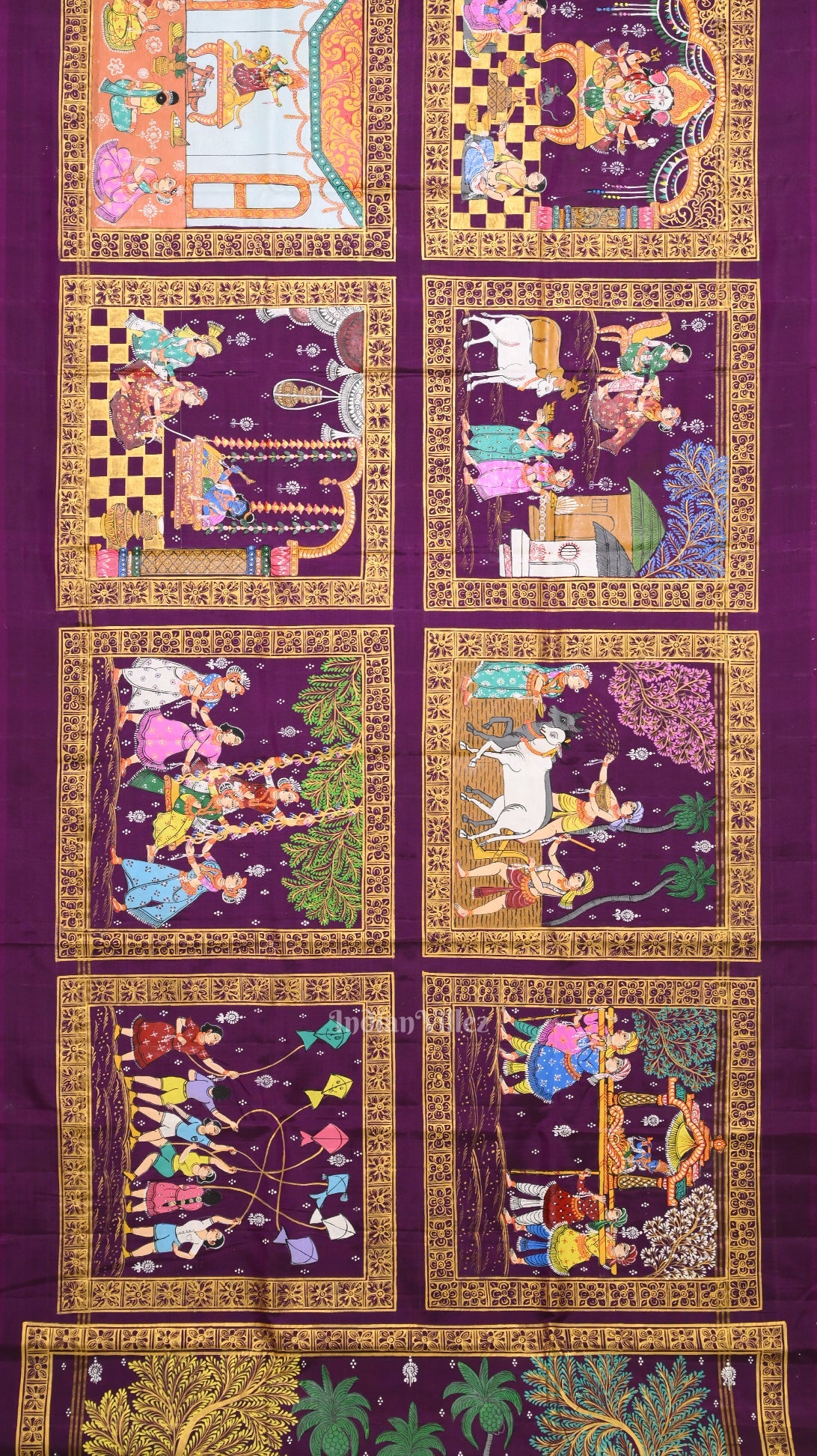 Purple Orange Hindu Festival Hand-Painted Pattachitra Saree