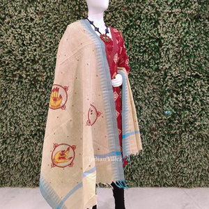 Cream Beige Mudra Theme Hand-Painted Tussar Pattachitra Dupatta