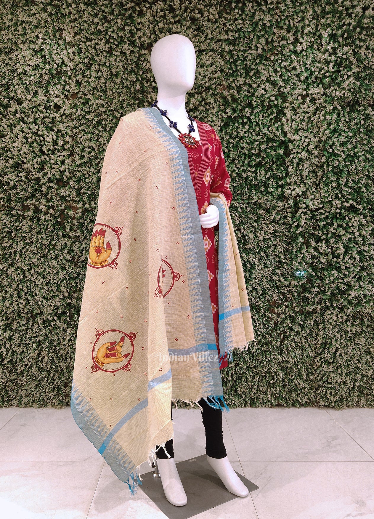 Cream Beige Mudra Theme Hand-Painted Tussar Pattachitra Dupatta