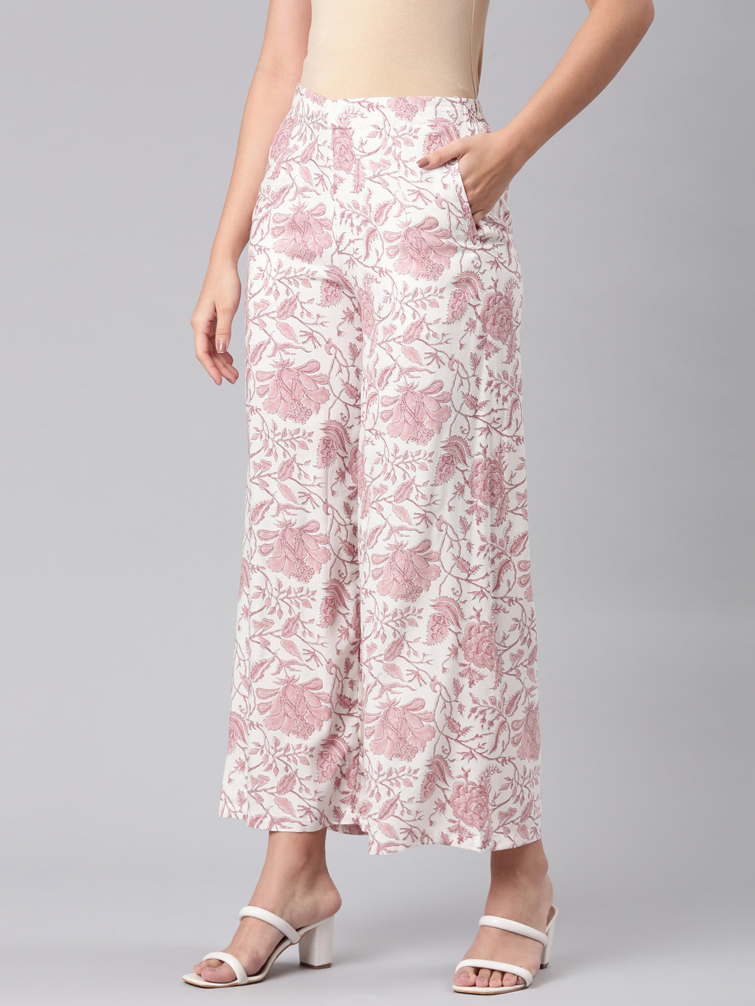 Women Medium Pinks Viscose Mid Rise Printed Palazzo
