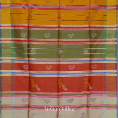 Multi Color With Golden Yellow Pure Bishnupuri Double Pallu Silk Saree