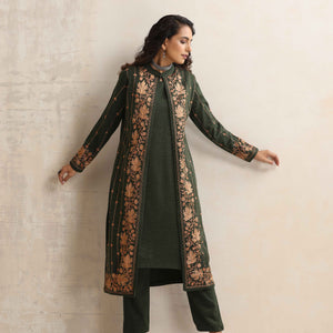 trueBrowns Green Kashmiri Woollen Jacket 3pc Set