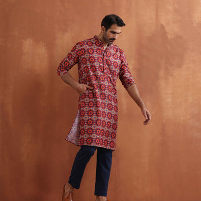 trueBrowns Men's Beige Printed Kurta