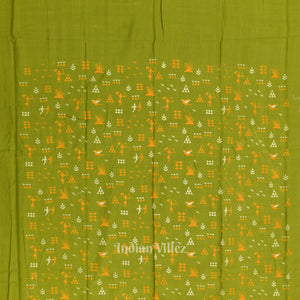 Mehendi Green Yellow Tribal Design  Sambalpuri Cotton Dress set with Dupatta
