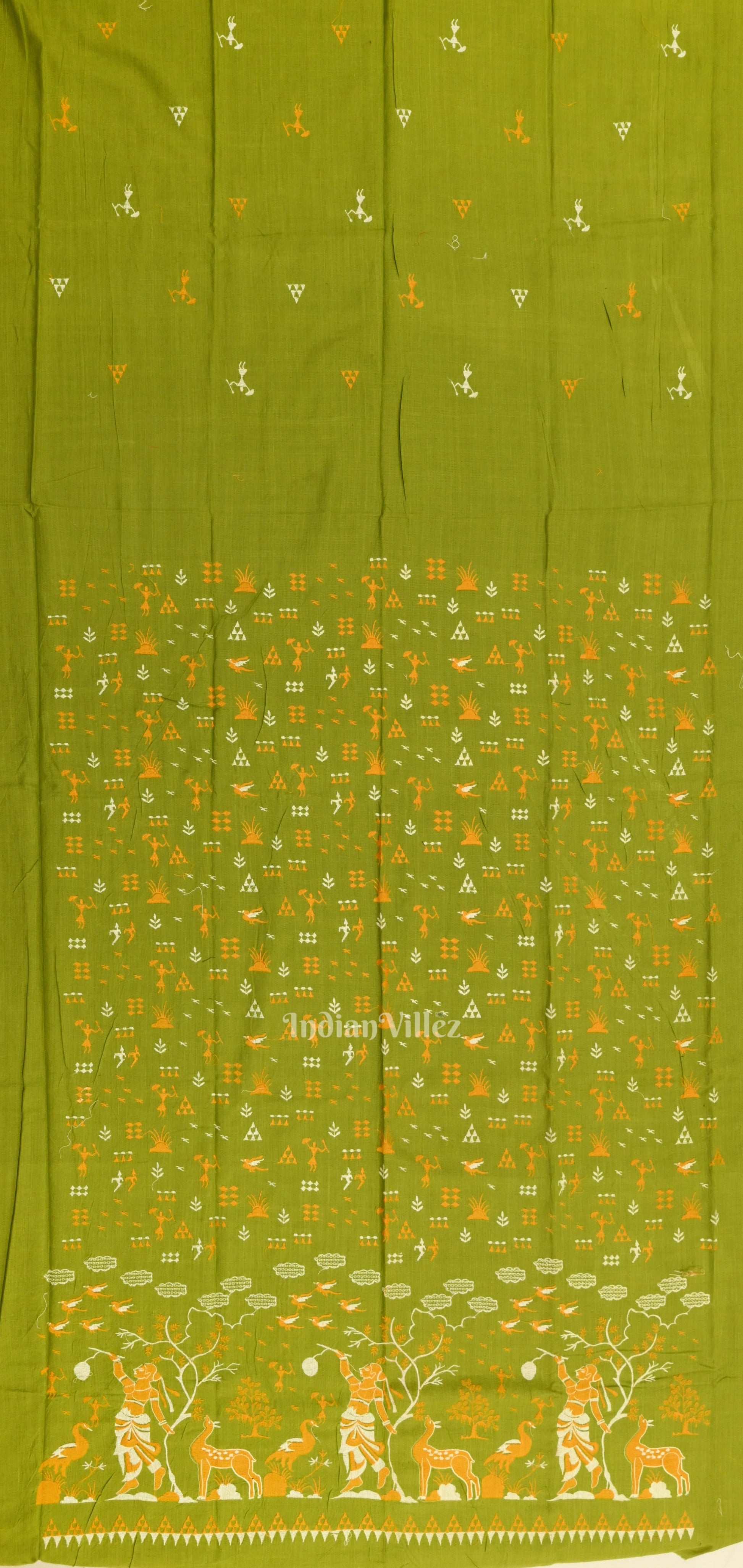 Mehendi Green Yellow Tribal Design  Sambalpuri Cotton Dress set with Dupatta