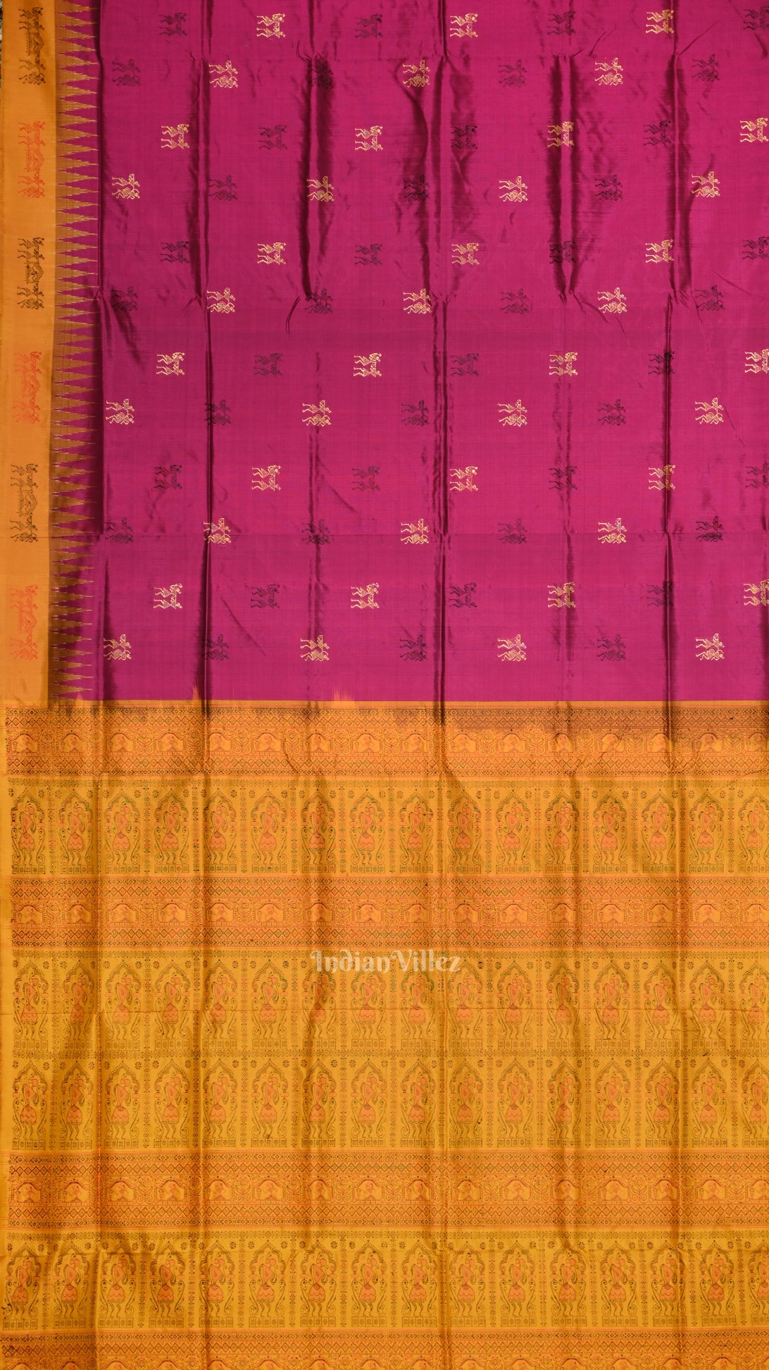 Magenta Pink with Mustard Yellow Tribal Theme Bomkai Sambalpuri Silk saree