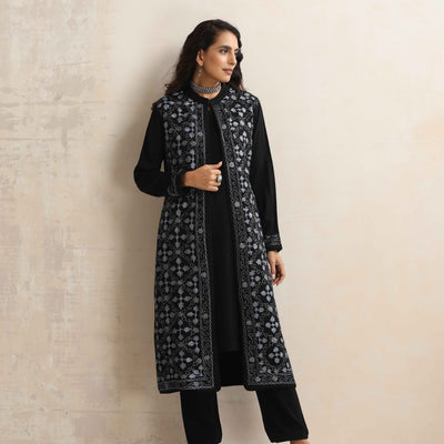 trueBrowns Black Kashmiri Woollen Jacket 3pc Set