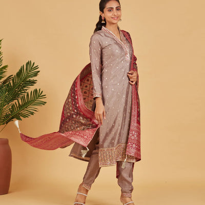 Festive Grey Embroidered Kurta Set