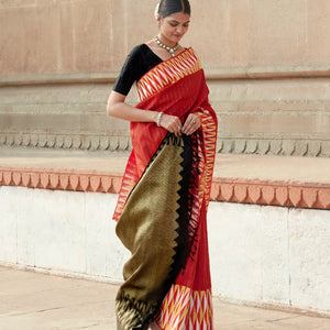 Red Handloom Kanchipuram Silk Saree With Stripes