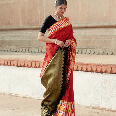 Red Handloom Kanchipuram Silk Saree With Stripes