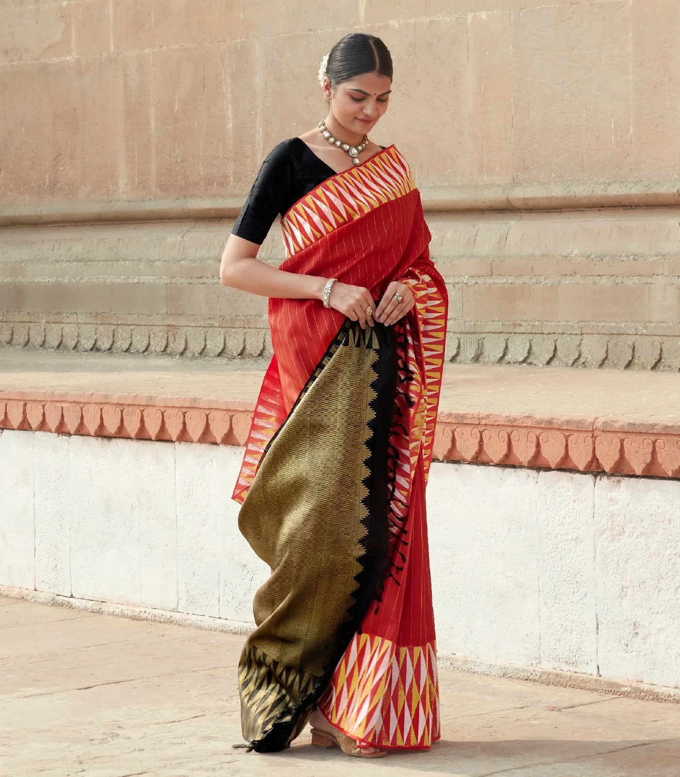 Red Handloom Kanchipuram Silk Saree With Stripes