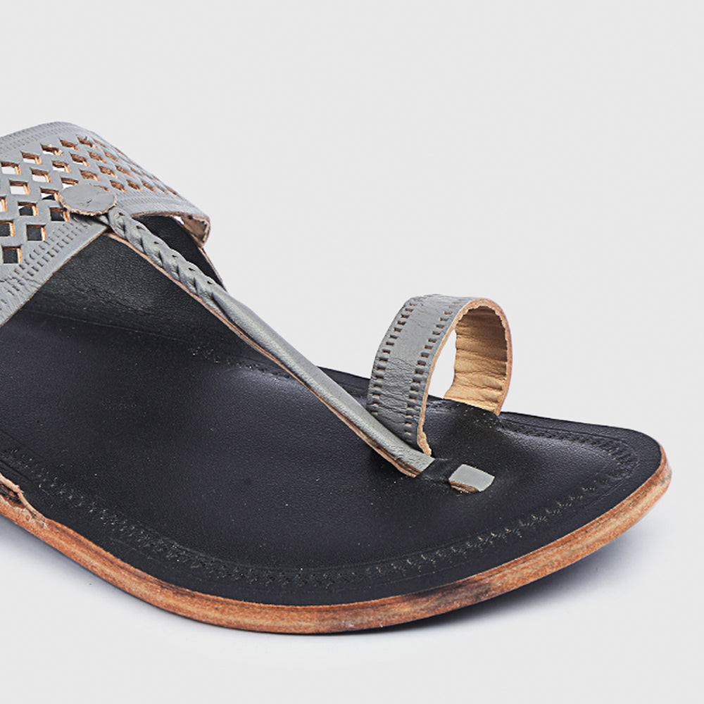 Black & Grey Handstitched Leather Kolhapuri Men Slipper