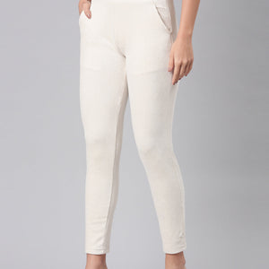 Women Solid Cream Mid Rise Corduroy Treggings