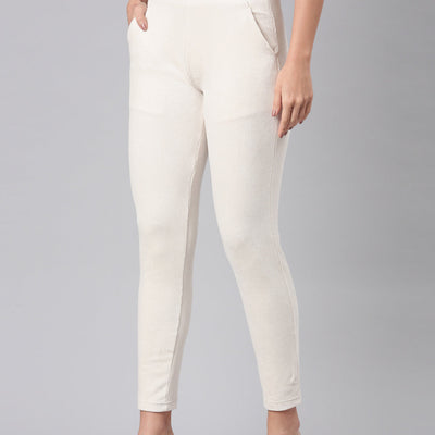 Women Solid Cream Mid Rise Corduroy Treggings