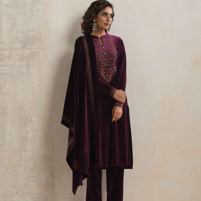 trueBrowns Purple Velvet Floral Embroidered Kurta Pant Dupatta Set
