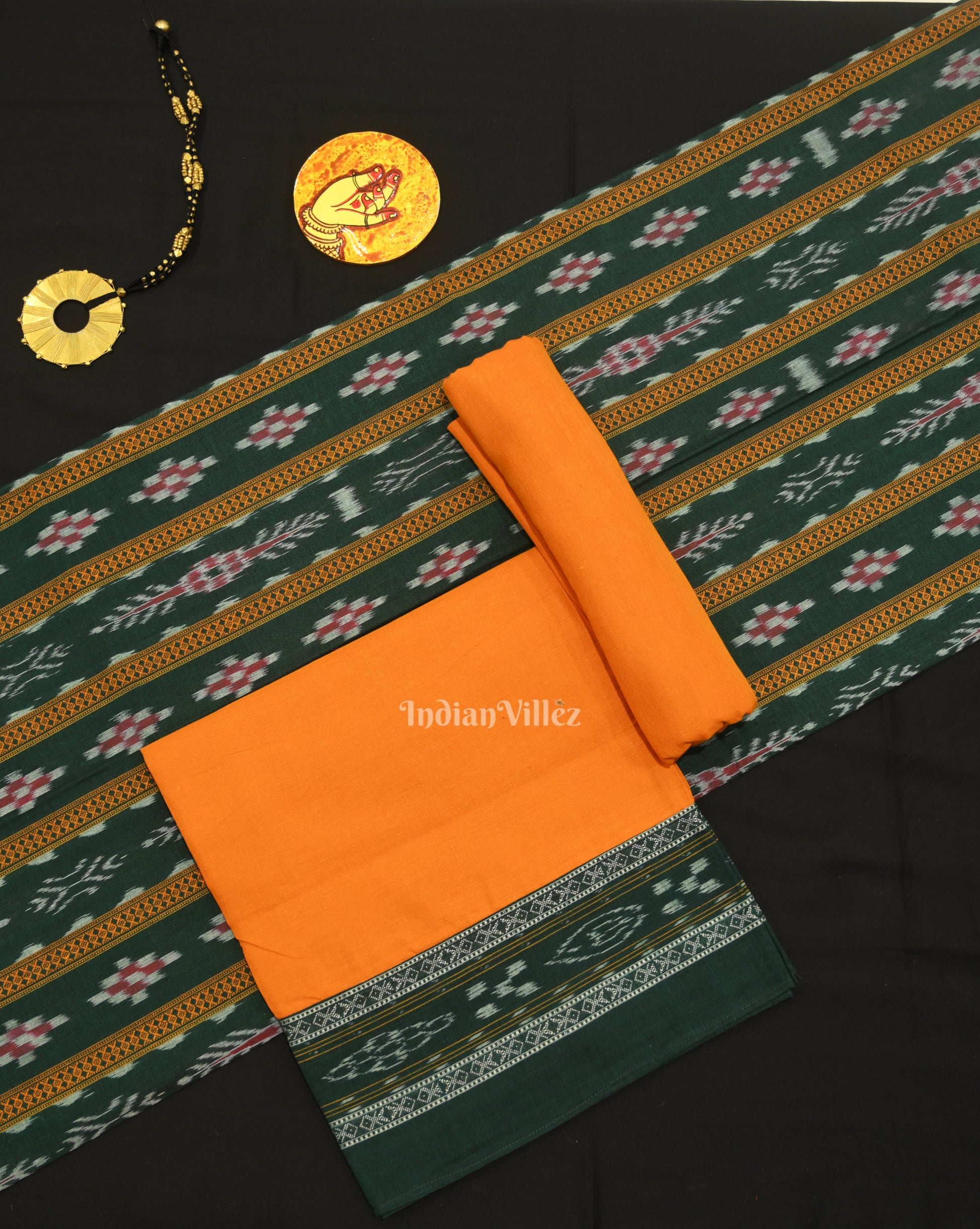 Green Yellow Pasapali Sambalpuri Cotton Dress set with Dupatta