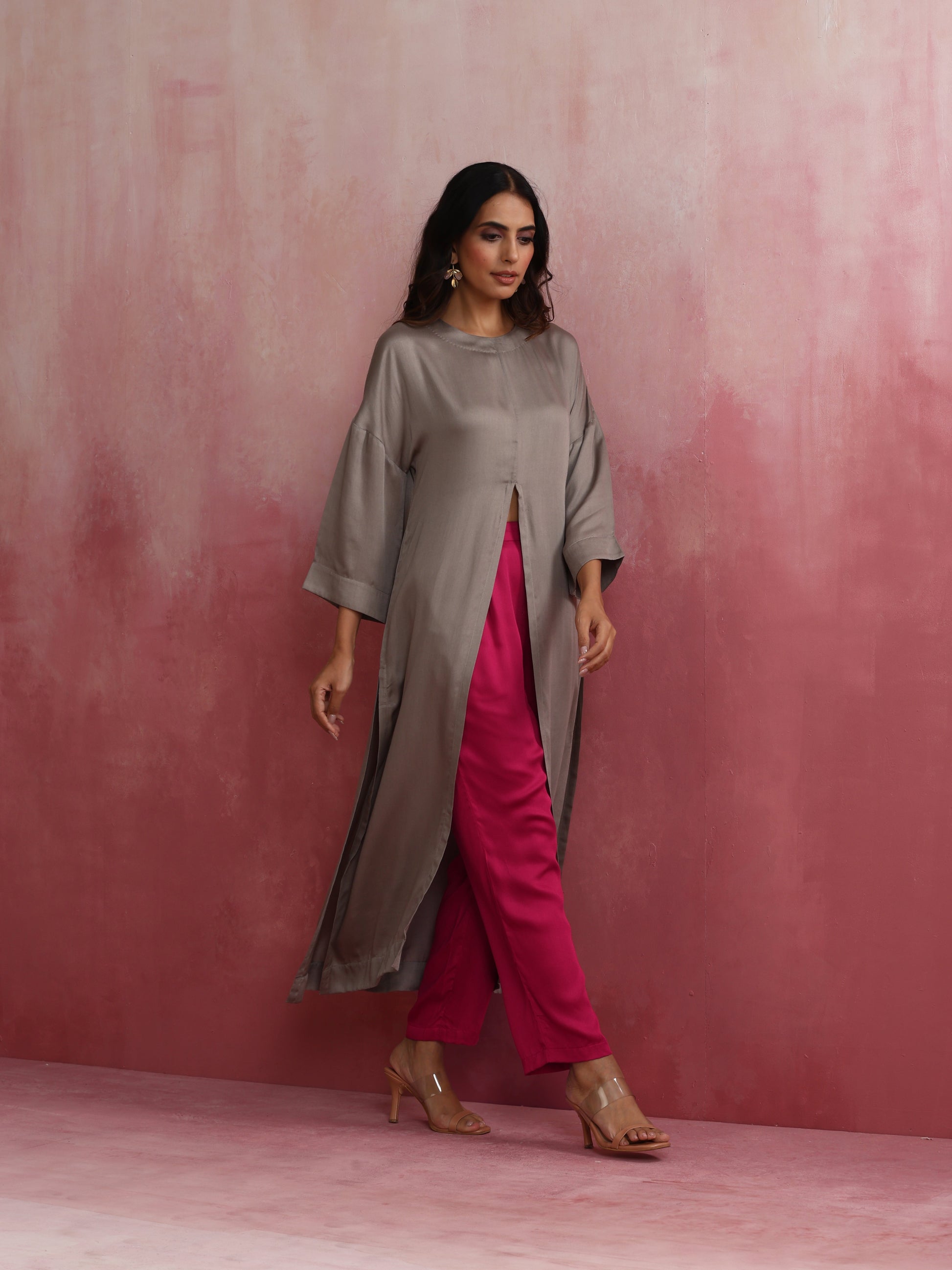 trueBrowns Grey High Slit Modal Kurta Set