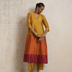 trueBrowns Gold Orange Silk A-line Kurta Set