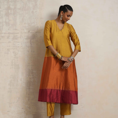 trueBrowns Gold Orange Silk A-line Kurta Set