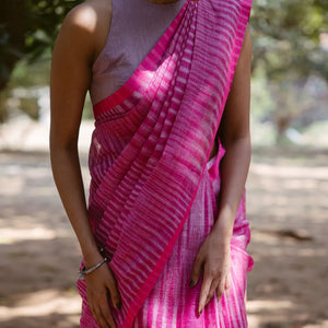 Pink Handloom Linen Saree With Stripes