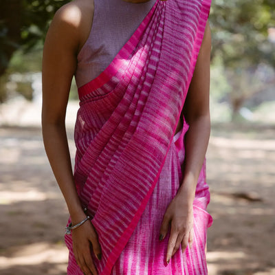 Pink Handloom Linen Saree With Stripes