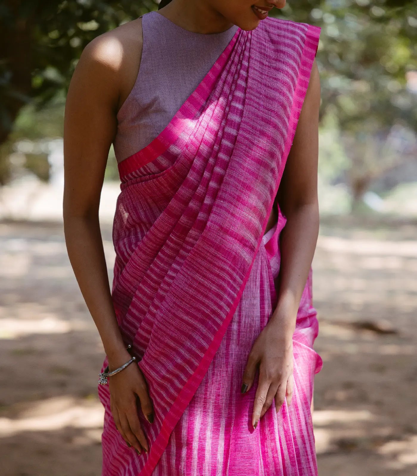 Pink Handloom Linen Saree With Stripes