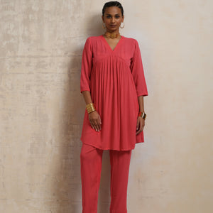 trueBrowns Peach Crinkle Flared Kurta Co-ord Set