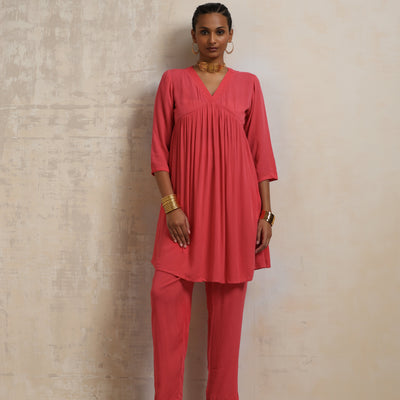 trueBrowns Peach Crinkle Flared Kurta Co-ord Set