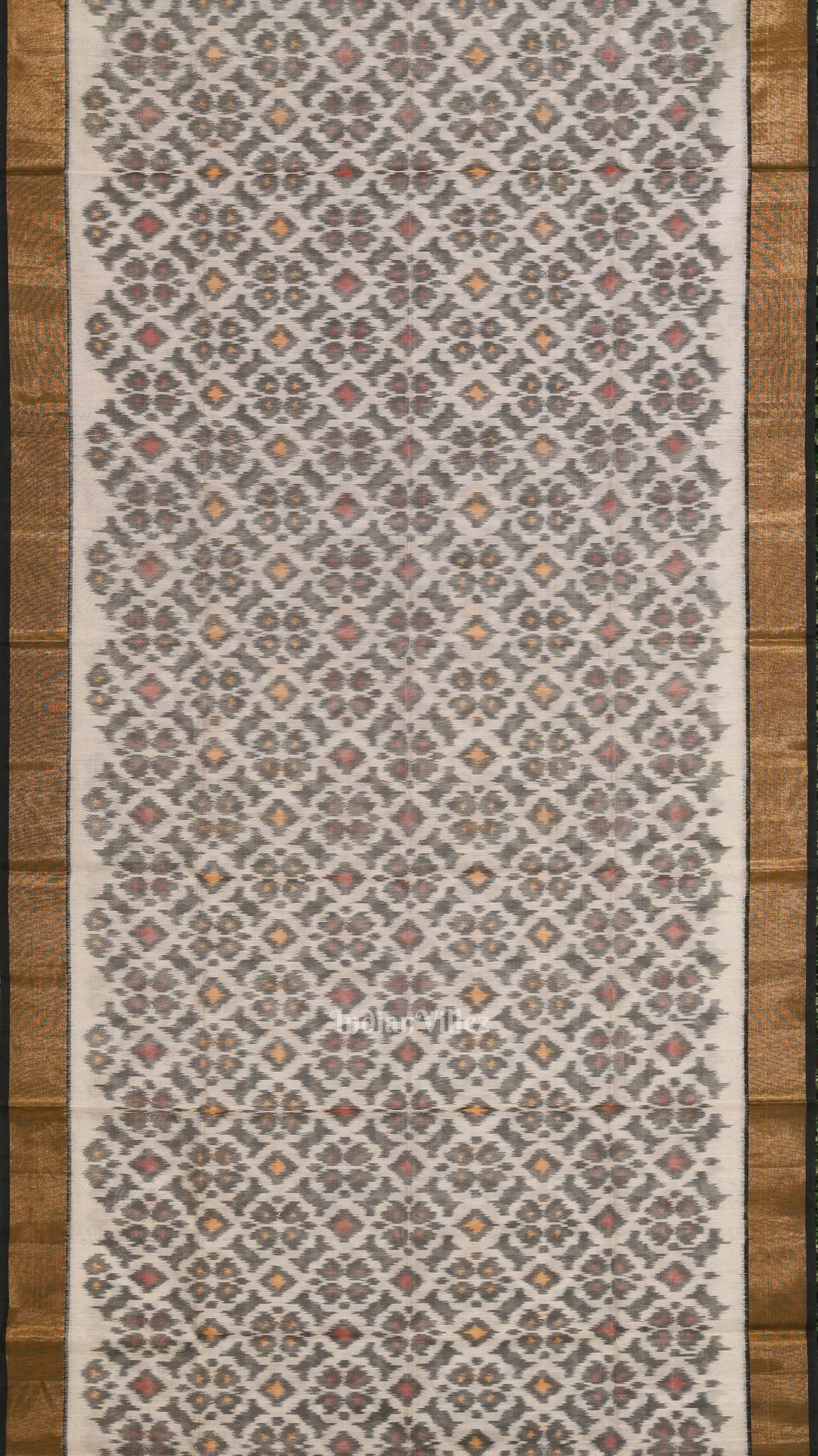 Off White Black Pochampally Ikat Sico (Silk & Cotton) Saree with Zari Border