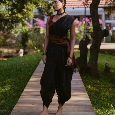 Black Handloom Bengal Cotton Saree With With Yellow and red buttis