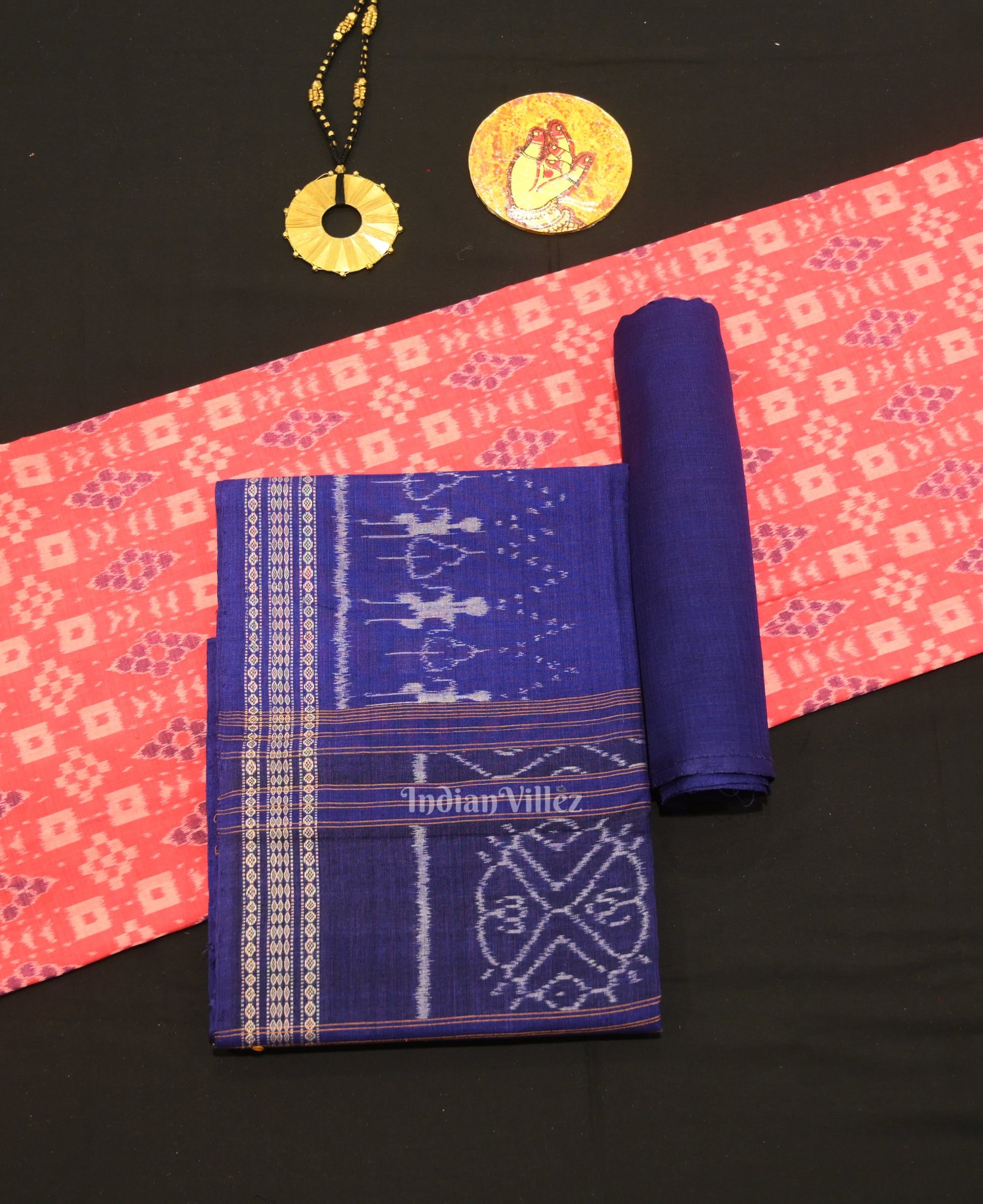 Peach Pink Blue Odisha Ikat Sambalpuri Dress Set & Dupatta