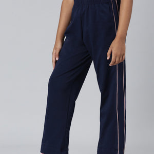 Girls Navy Side Stripe Mid Rise Track Pants