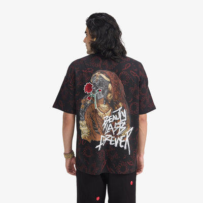 F A R A K | BEAUTY LASTS FOREVER BLOCKPRINT T-SHIRT { BLACK/BLACK