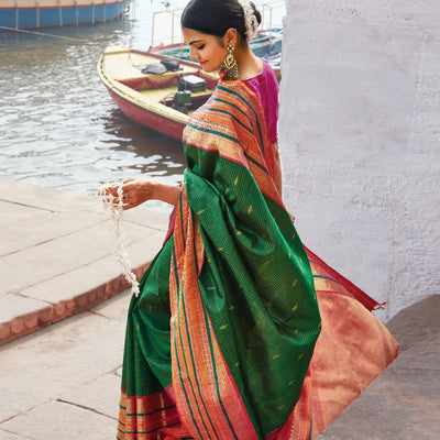 Green Handloom Kanchipuram Korvai Silk Saree With Checks & Buttas-Green