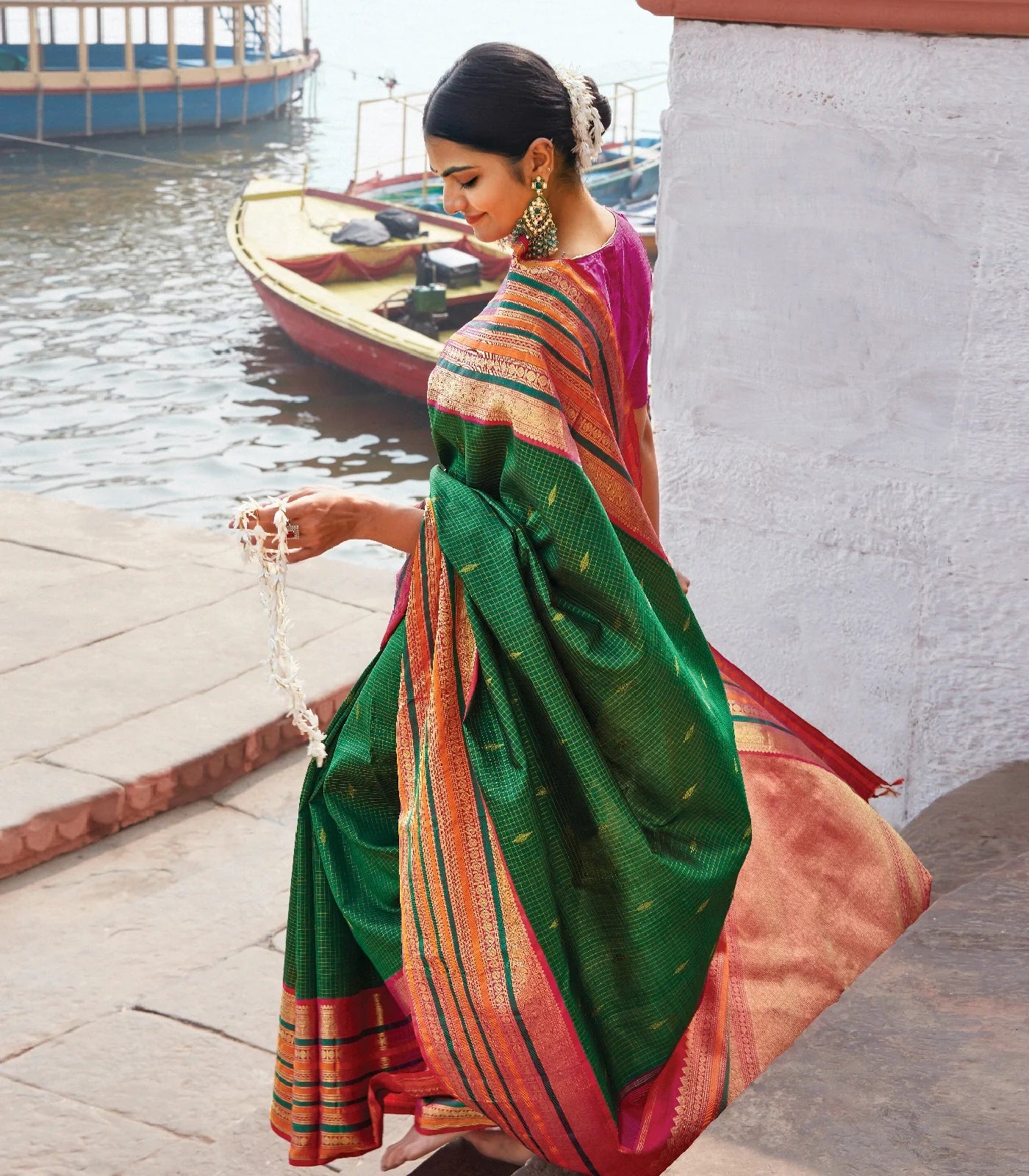 Green Handloom Kanchipuram Korvai Silk Saree With Checks & Buttas-Green