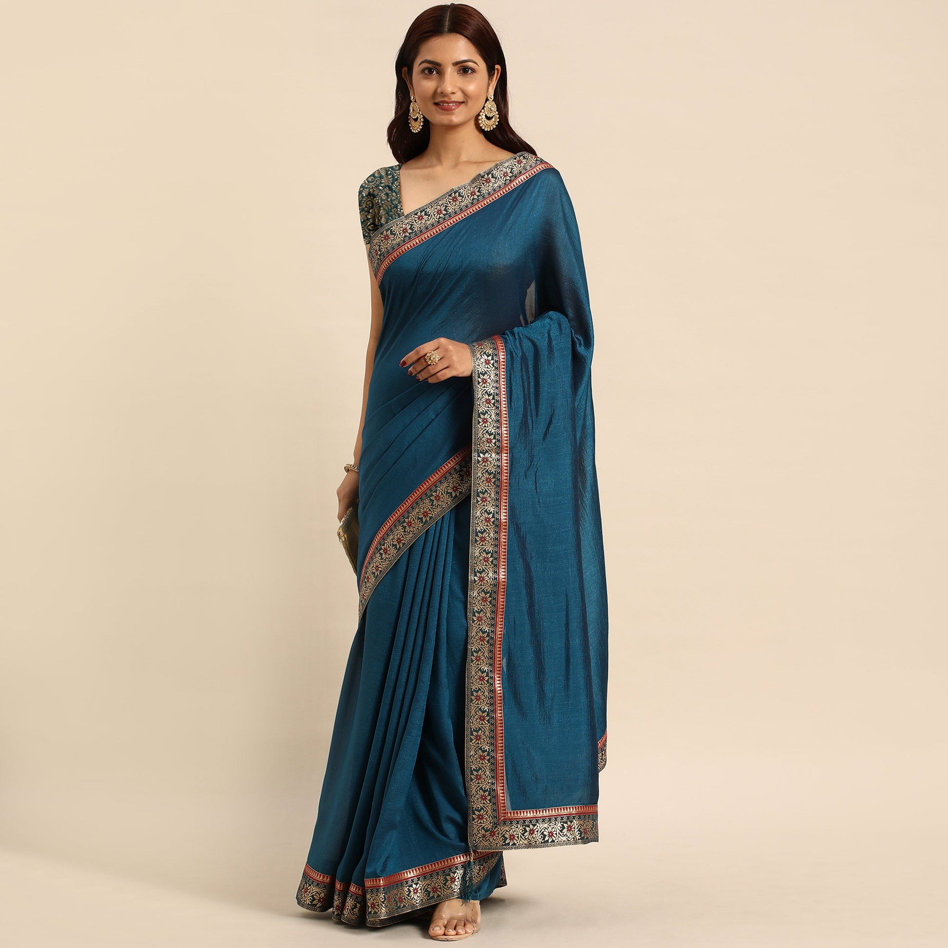 Blue Solid Vichitra Silk Saree With Fancy Border