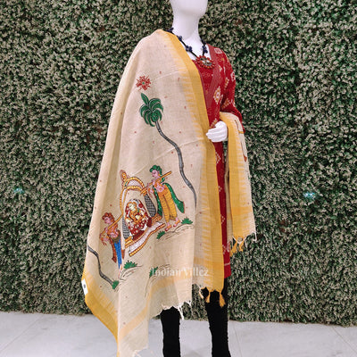 Cream Yellow Doli Barat Hand-Painted Tussar Pattachitra Dupatta