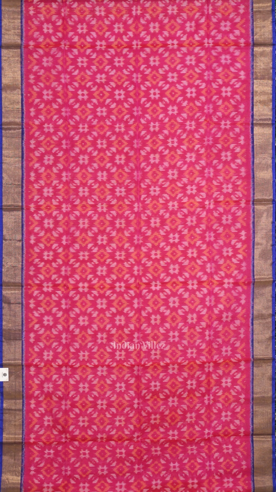 Rani Pink with Blue Pochampally Ikat Sico (Silk & Cotton) Saree with Zari Border