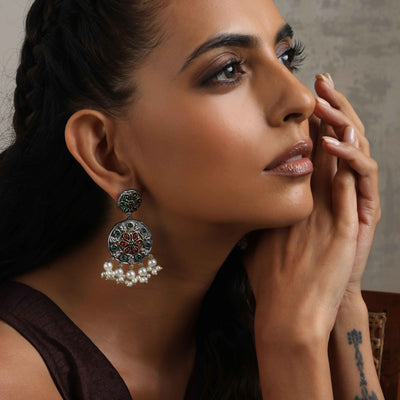 trueBrowns Silver Gold Tone Circular Stone Earrings