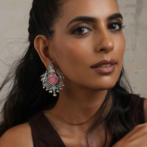 trueBrowns Silver Tone Pink Stone Pearl Drop Earrings