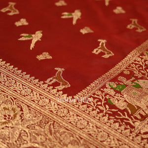 Deep Red Marriage Theme Pure Mashru Satin Silk Banarasi Saree