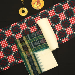 Green White  Pasapali Odisha Ikat Sambalpuri Dress Set & Dupatta