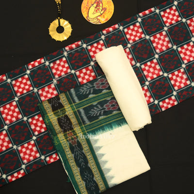 Green White  Pasapali Odisha Ikat Sambalpuri Dress Set & Dupatta