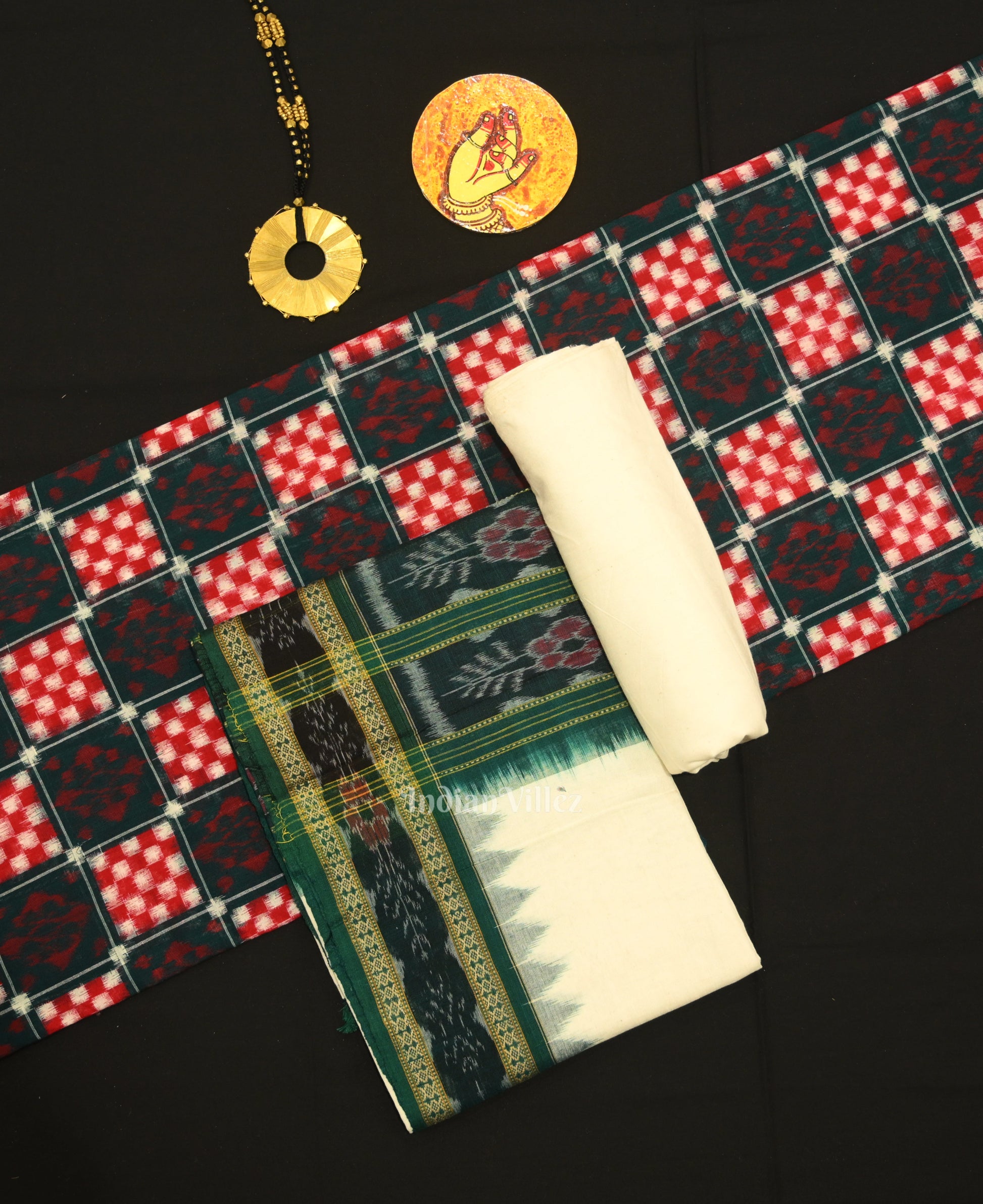 Green White  Pasapali Odisha Ikat Sambalpuri Dress Set & Dupatta
