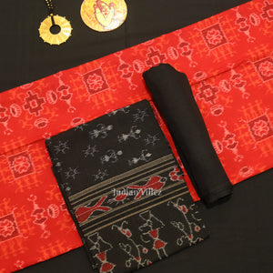 Red Black Tribal Theme Odisha Ikat Sambalpuri Dress Set & Dupatta