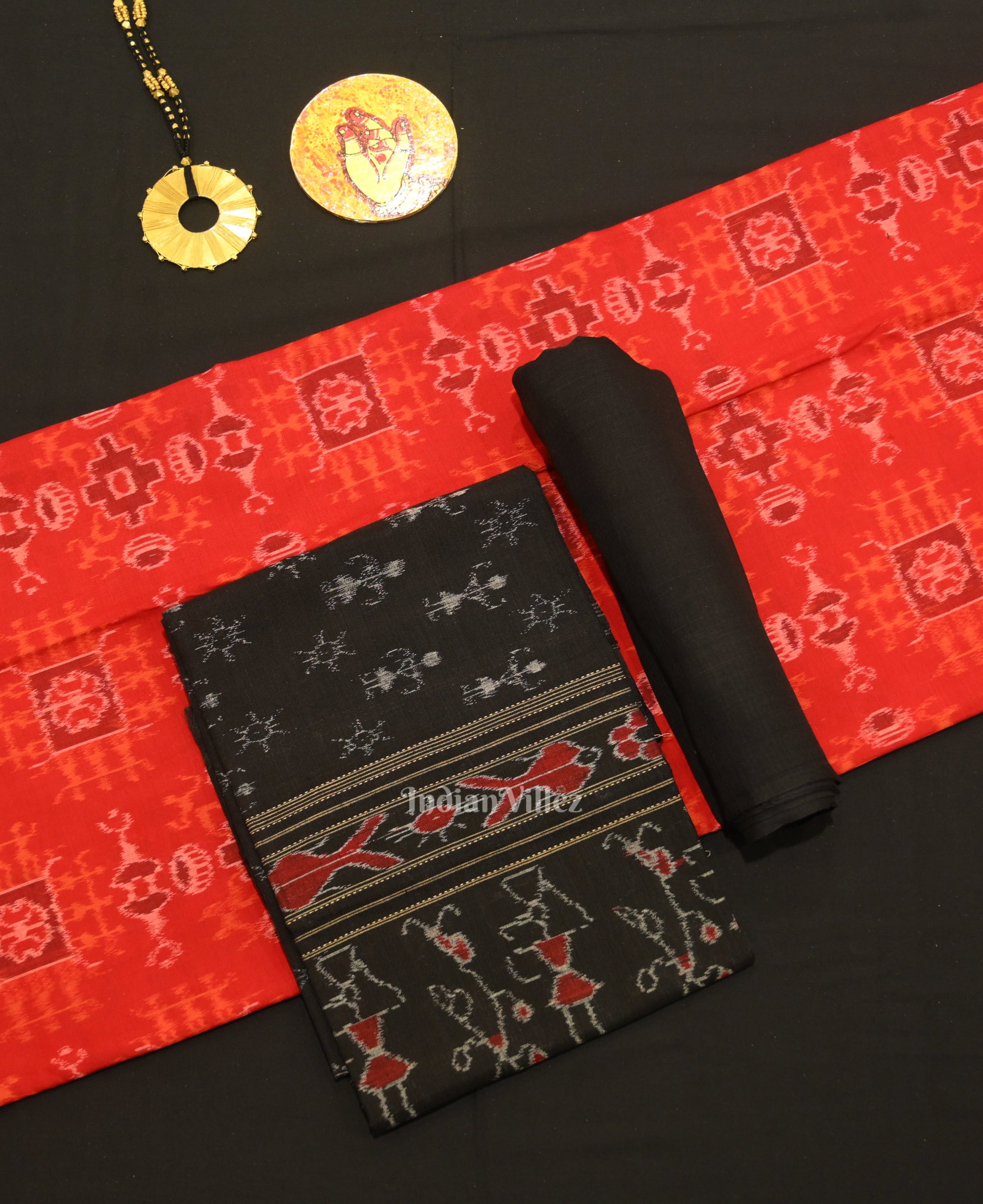 Red Black Tribal Theme Odisha Ikat Sambalpuri Dress Set & Dupatta
