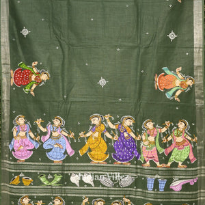 Green Nartaki Theme Hand-Painted Pattachitra Saree(PRE ORDER)