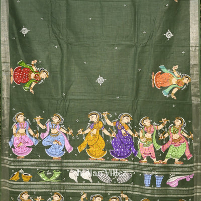 Green Nartaki Theme Hand-Painted Pattachitra Saree(PRE ORDER)